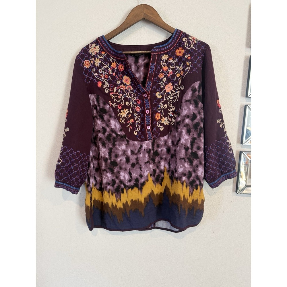 John Mark Floral Embroidered Tie Dye Tunic Blouse Boho‎ 3/4 Sleeve Y-Neck Large